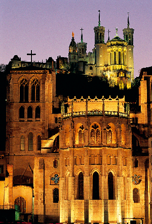 The Cathedral of Lyons lit up at dusk 
